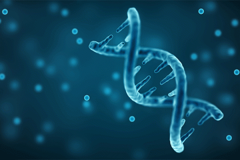 Double helix structure on blue background 